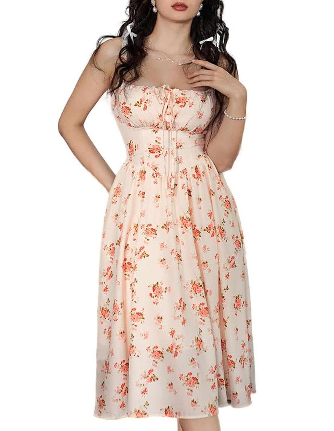 Floral Printed Corset Dress Ruched Bust Cami Flowy Sundress