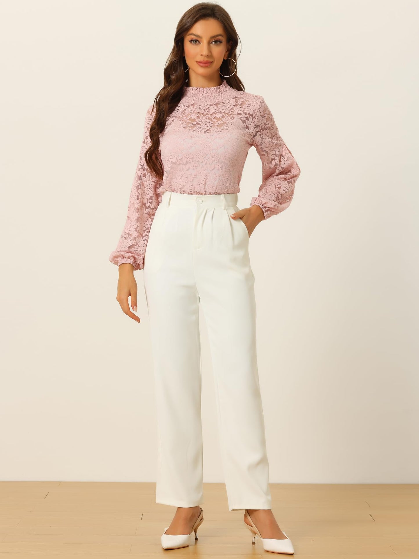 Floral Lace Top Turtleneck Puff Long Sleeve See Through Sheer Blouse