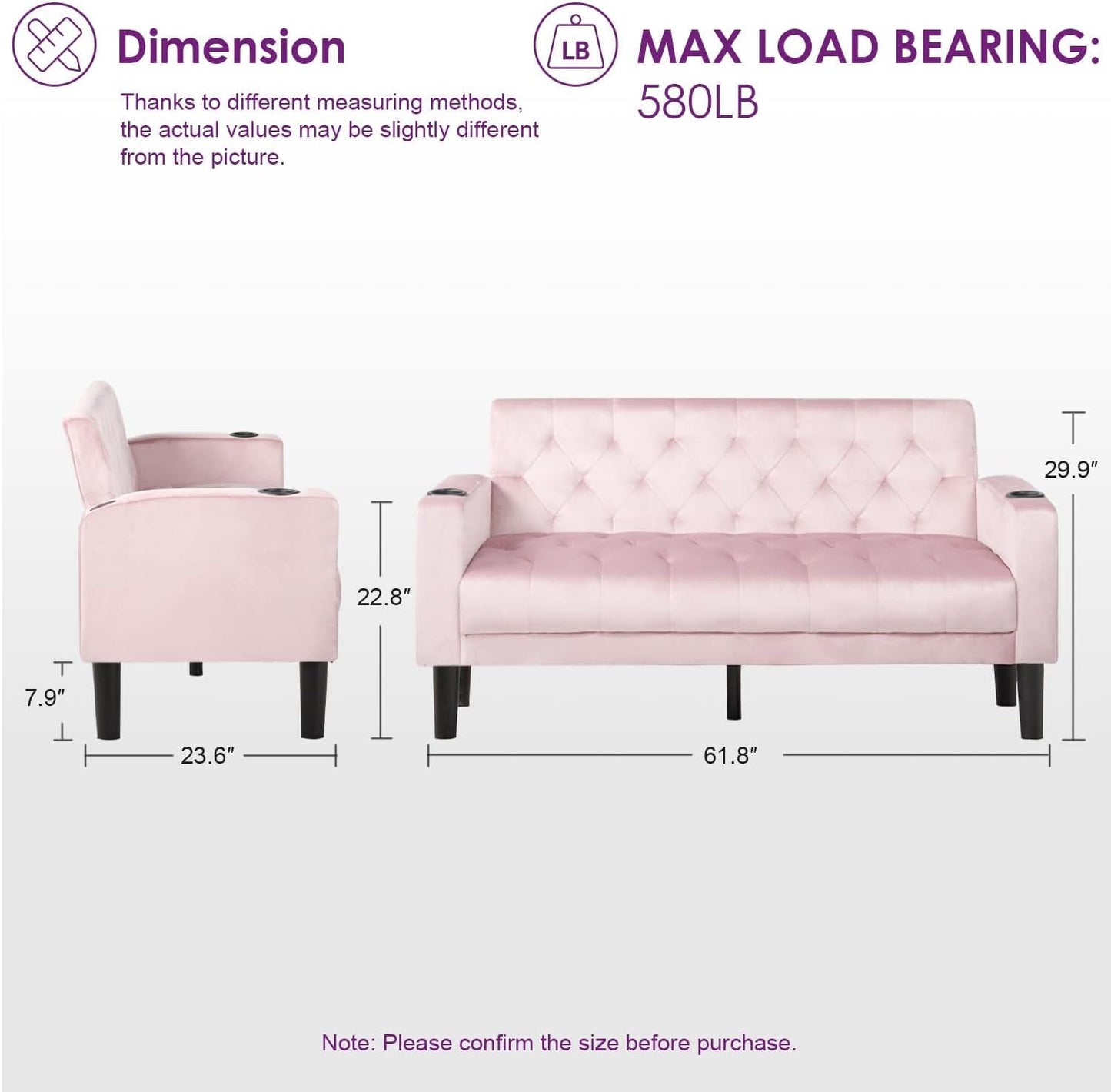 Loveseat Sofa w/ 2 USB Charger Ports and 2 Cupholders, Mid-Century Modern Tufted Pink Velvet