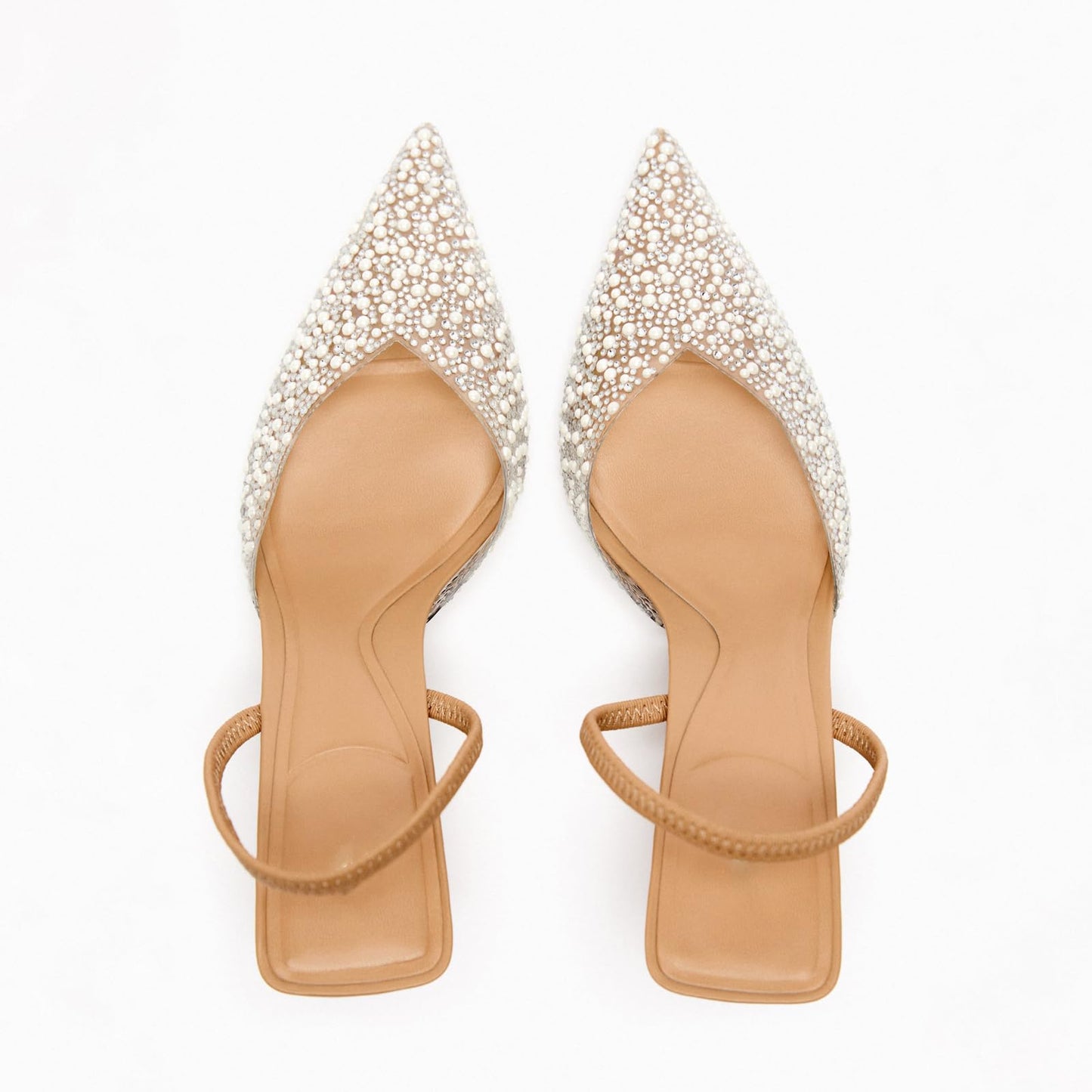 Women's Sparkly Rhinestone Slip On Clear Slingback Kitten Heels with Pearl Studded Pointed Toe