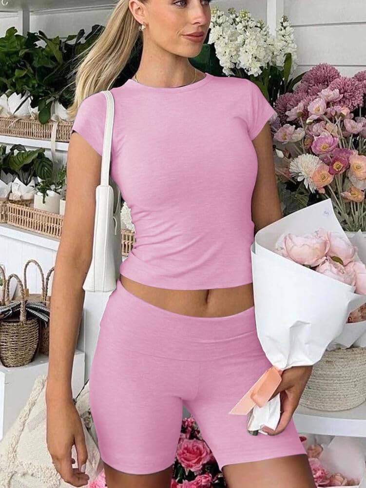 Workout Two Piece Outfits Short Sleeve Crop High Waist Foldover Shorts Tracksuit Sets Streetwear