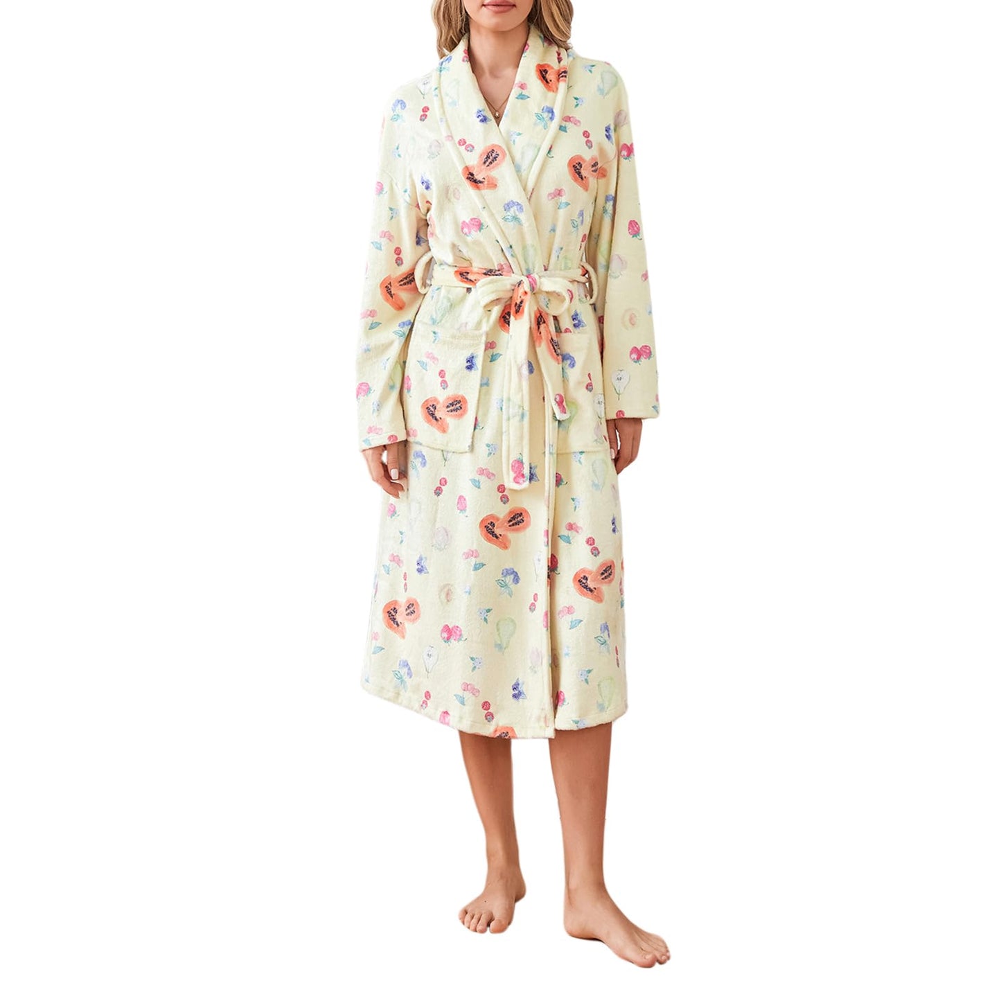 Women's Soft Floral Fruit Print Plush Shawl Collar Bathrobe with Belt