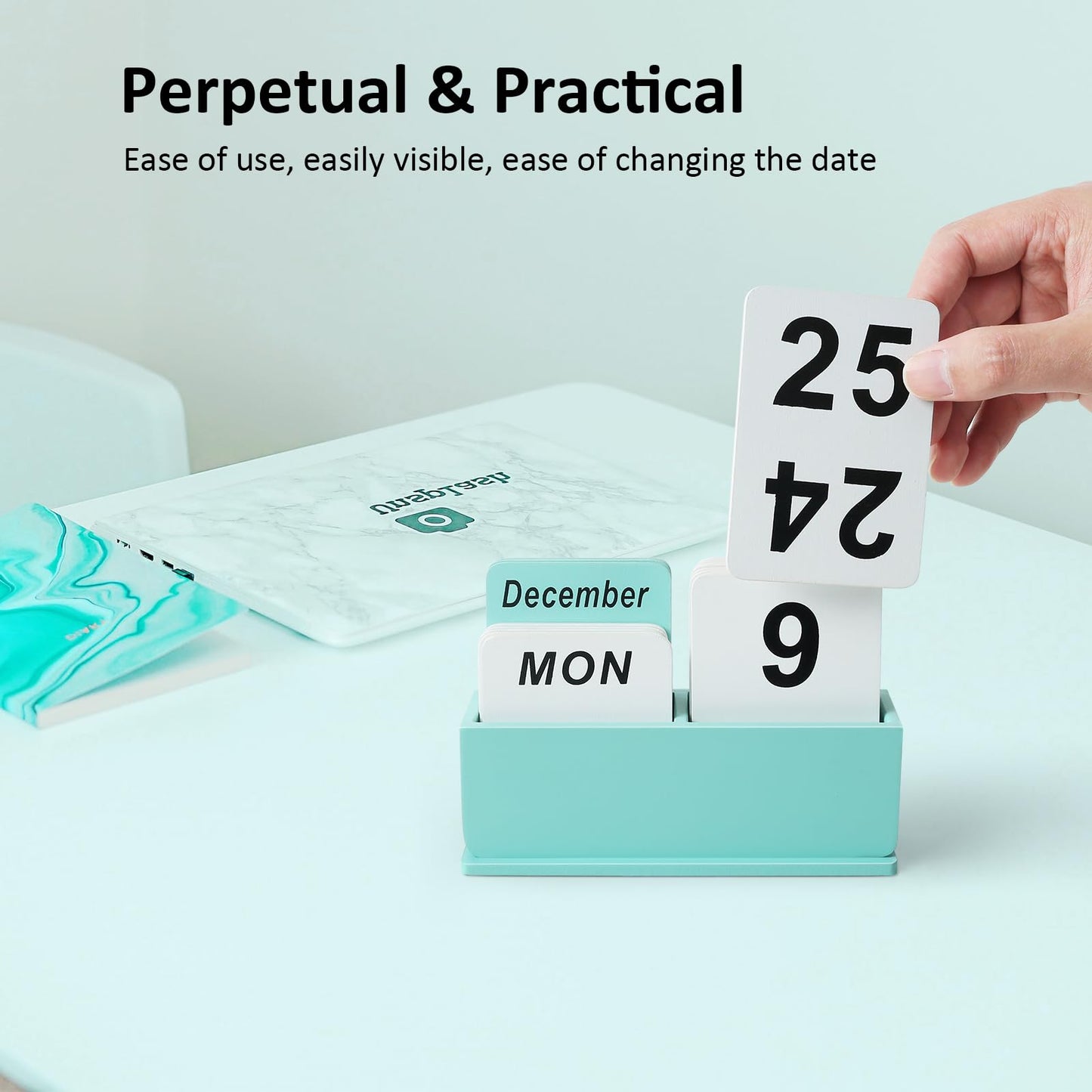 Wooden Block Perpetual Calendar for Desk, Daily Desktop Standing Flip Calendar with Large Display