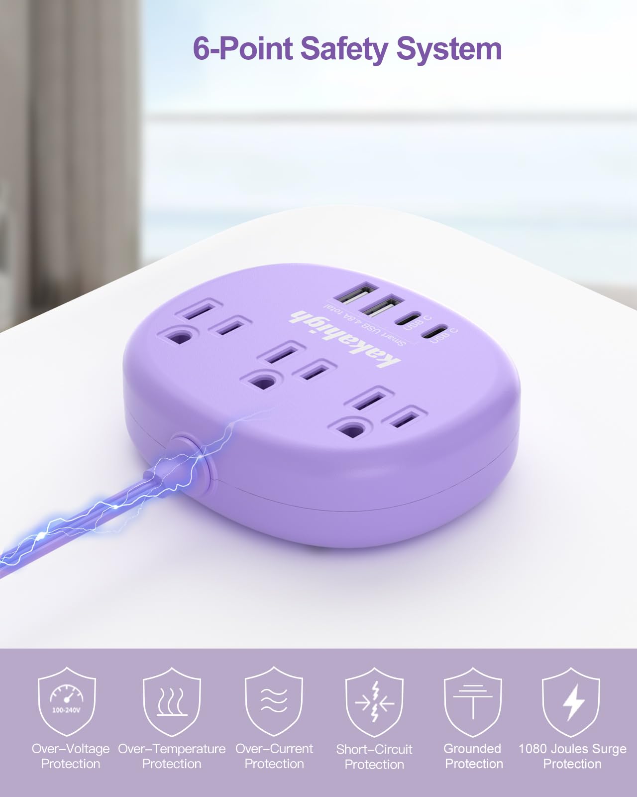 Cute Surge Protector – 5FT Flat Extension Cord, 3 Outlets, 4 USB Ports (24W)