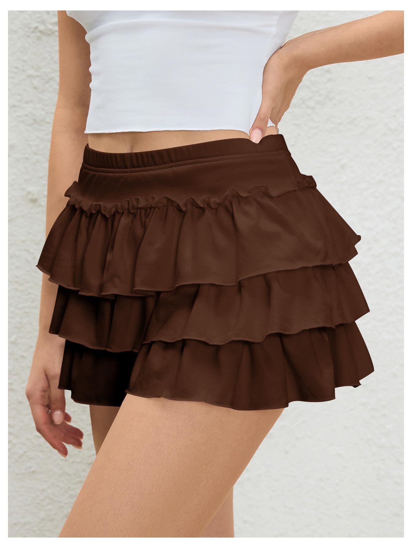 Women's Bow Back Mini Skirt Elastic Low Waist Layered Ruffle Hem Short Cake Skirts