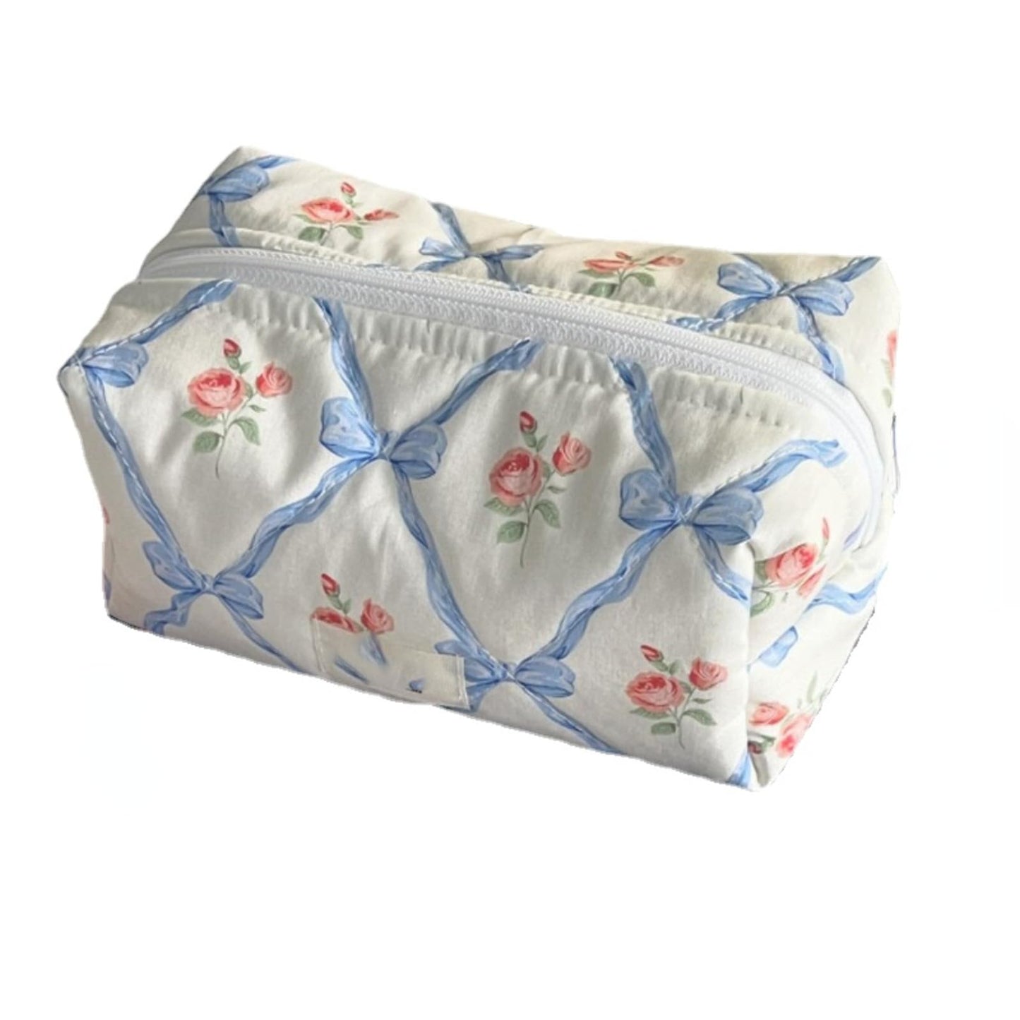 Coquette Y2K Quilted Bow Makeup Bag – Small Preppy Floral Heart Cosmetic Pouch and Toiletry Organizer