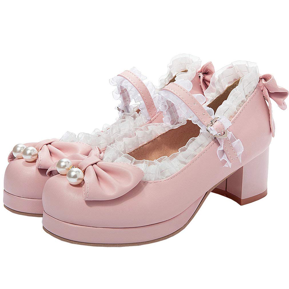 Women Kawaii Mid Block Heel Mary Jane Pumps with Bow Chunky Platform