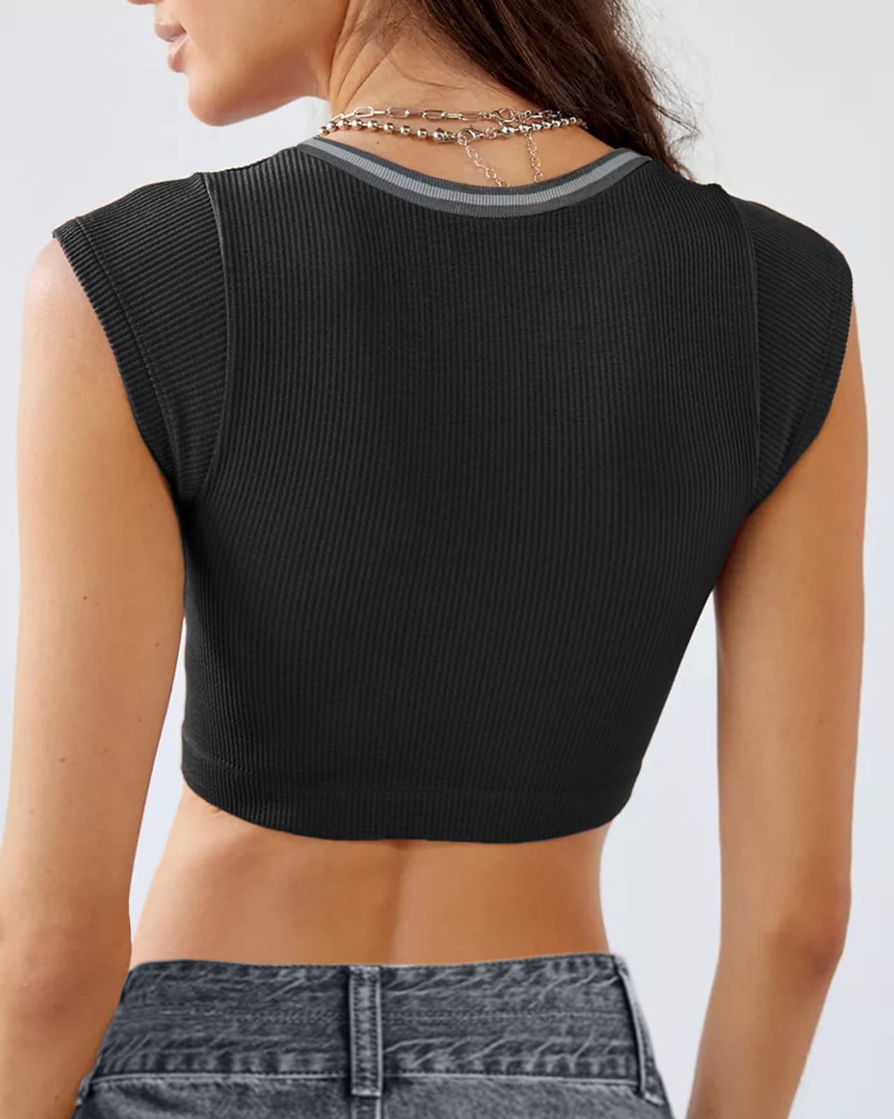 Crop Top Crew Neck T-Shirt Short Sleeve - Ribbed Knit Basic Crop Tank Top