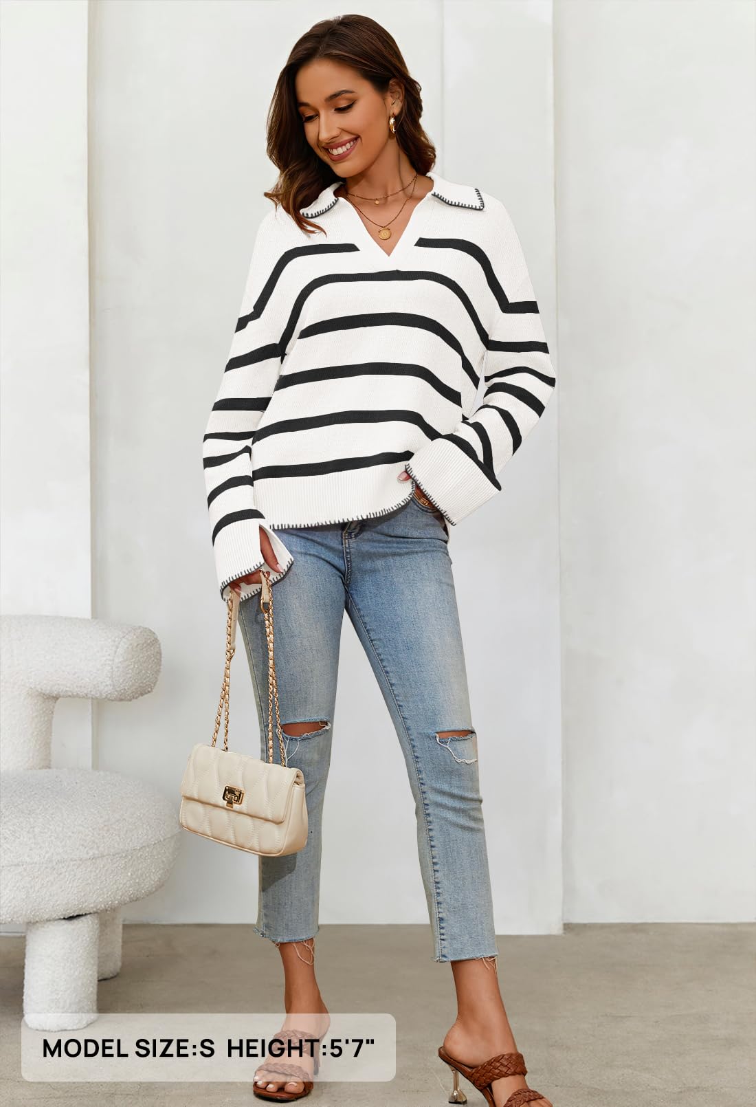 Women's Oversized Striped Sweater Collared V Neck Long Sleeve Knit Pullover