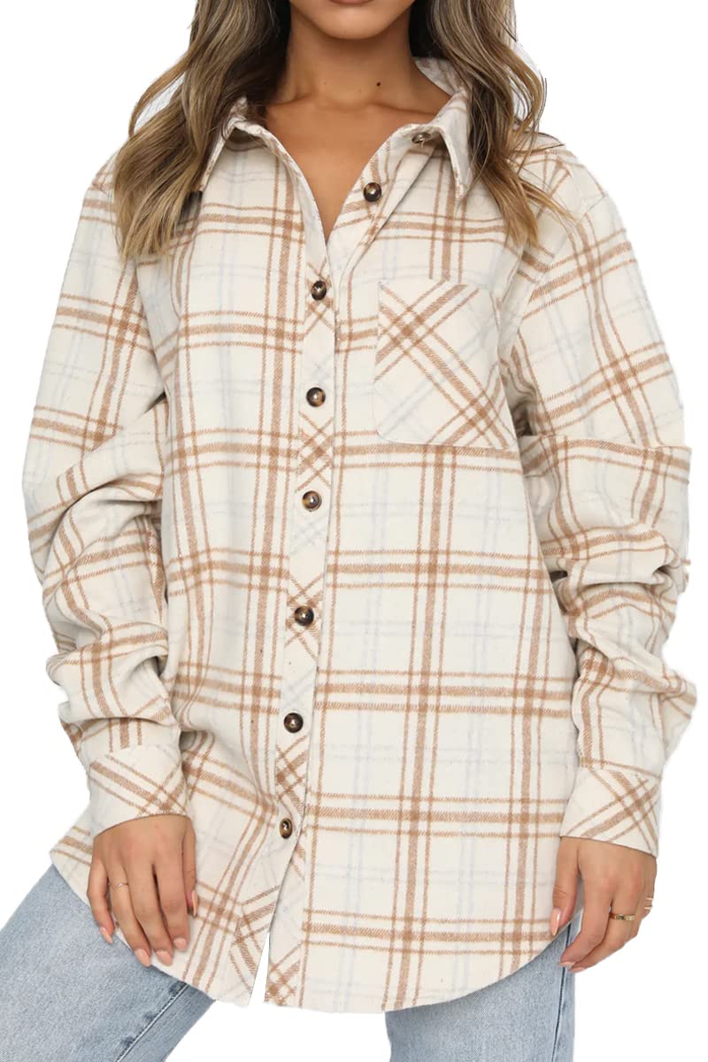 Women's Casual Flannel Plaid Shacket Button Down Long Sleeve Shirt Jacket Coats with Pockets