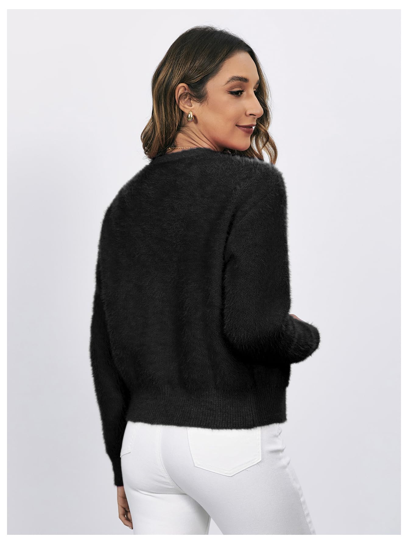 Women's Fuzzy Cardigan Sweater V Neck Button Down Long Sleeve Crop Cardigan Coat