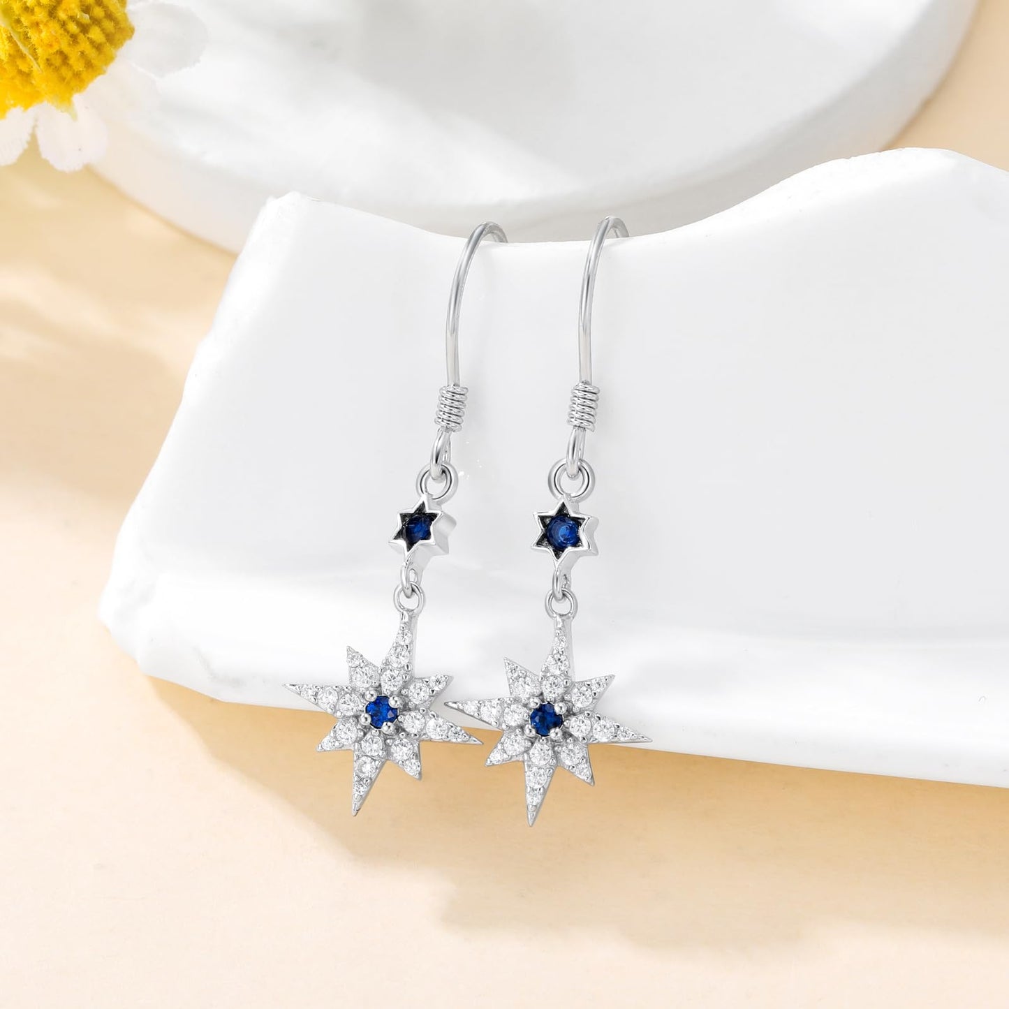 Sterling Silver Star/Love Heart Dangle Drop Earrings for Women Blue and Pink Hook Earrings with Gemstone