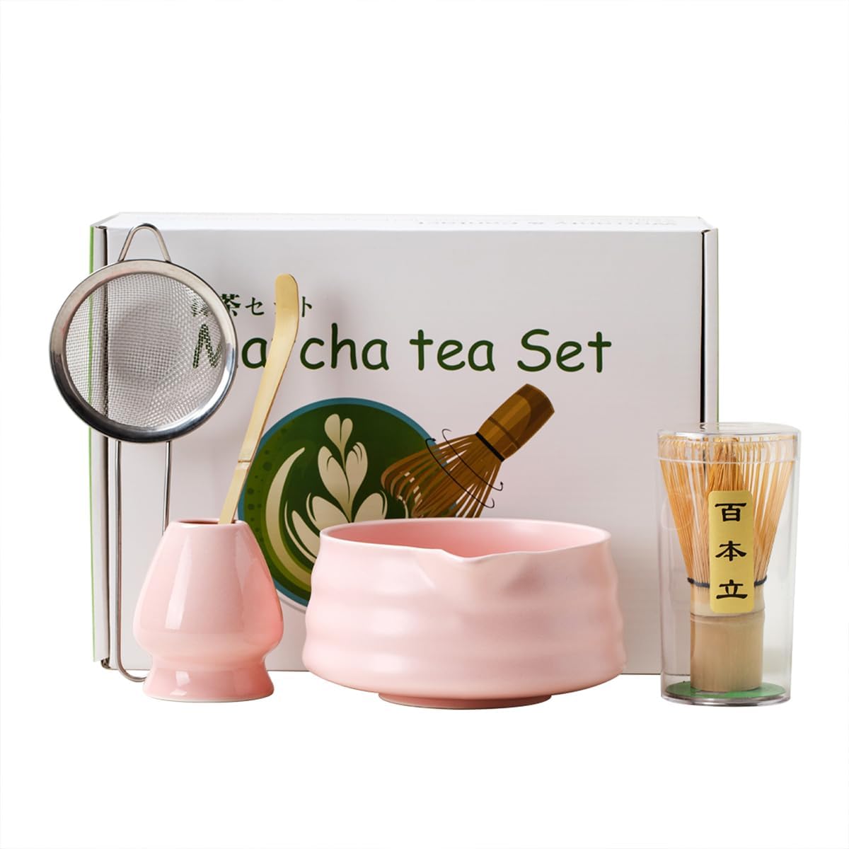 Matcha Set With Bowl, Matcha Sifter, Matcha Whisk Holder - The Perfect Matcha Kit for Matcha Tea (Ceramic White 5PCS)