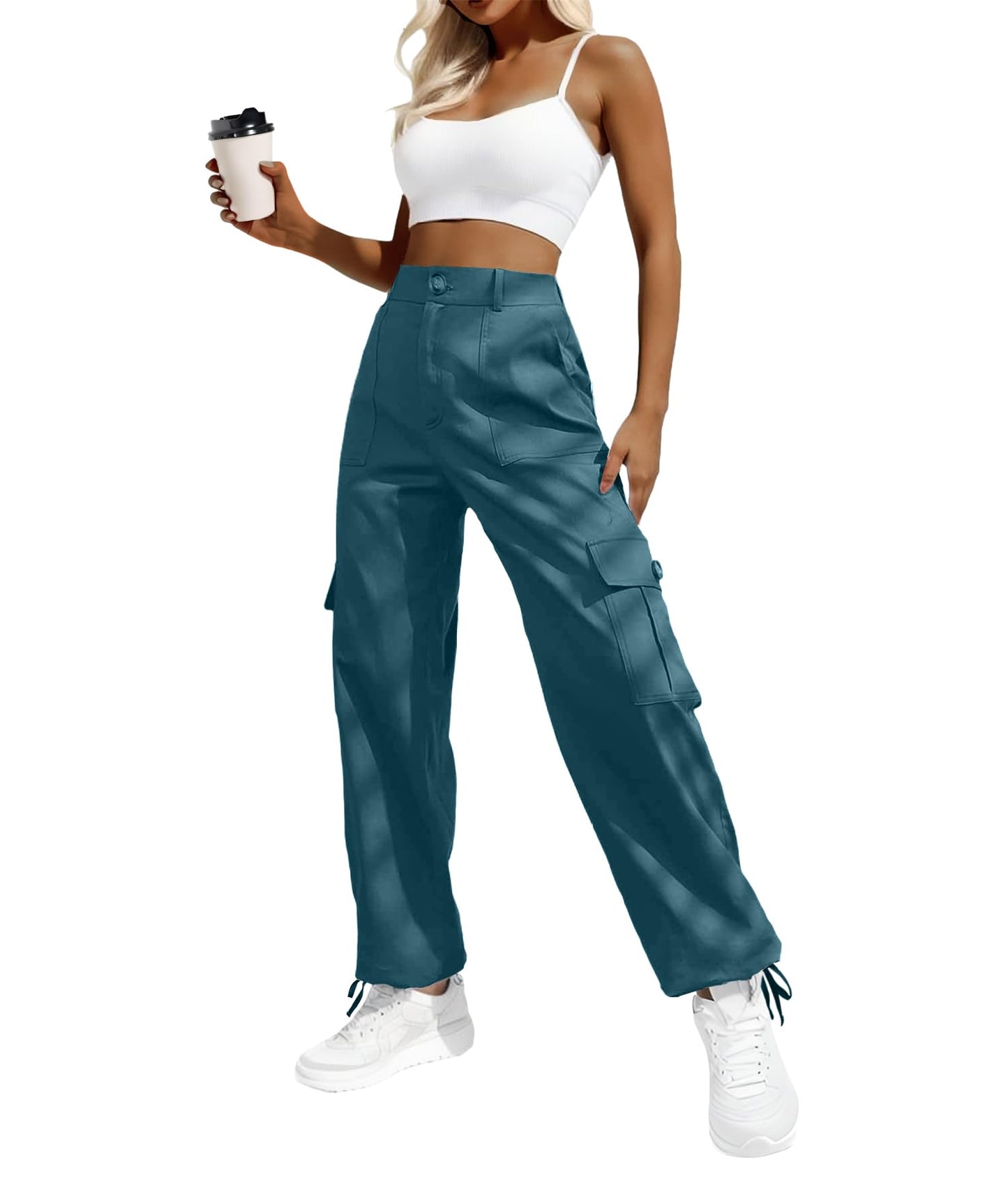 Women's High-Waisted Cargo Pants – Y2K Streetwear Baggy with 6 Pockets & Drawstring Cuffs