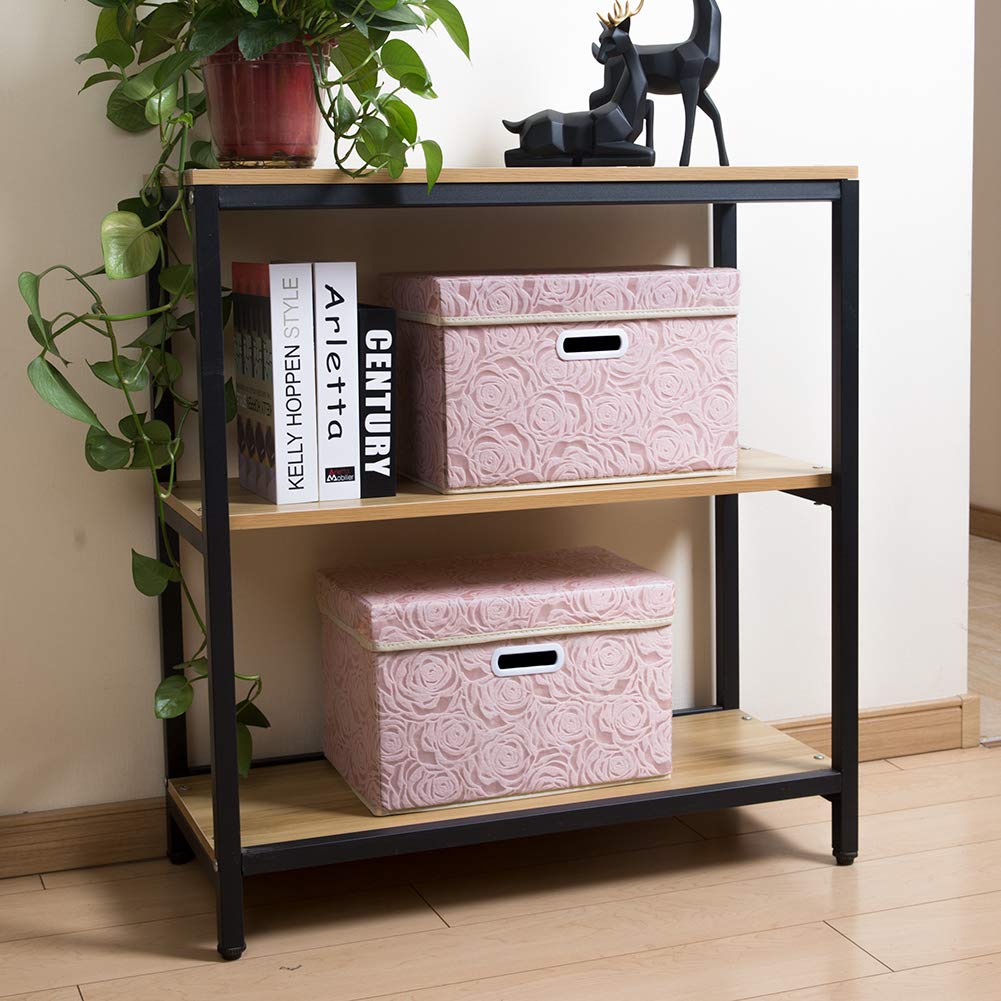 Larger Collapsible Storage Bin with Lid Fabric Decorative Storage Box Cube Organizer Container Baskes with Handles Divider for Bedroom Closet Living Room Pink 17.7x11.8x11.8 Inch