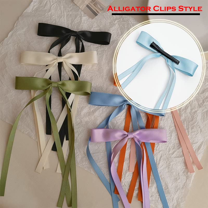 Satin 4-Piece Hair Ribbon Clips for Women and Girls – Pink and Beige Long Tail Bow Hair Accessories