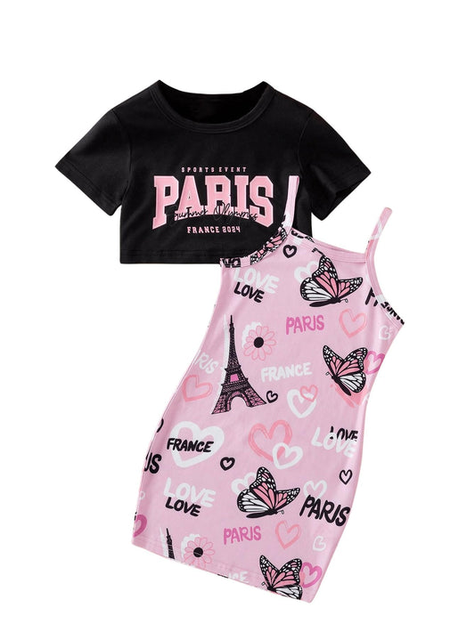 Girl's 2 Piece Outfits Short Sleeve Crop Top and Cartoon Print Cami Dress Set