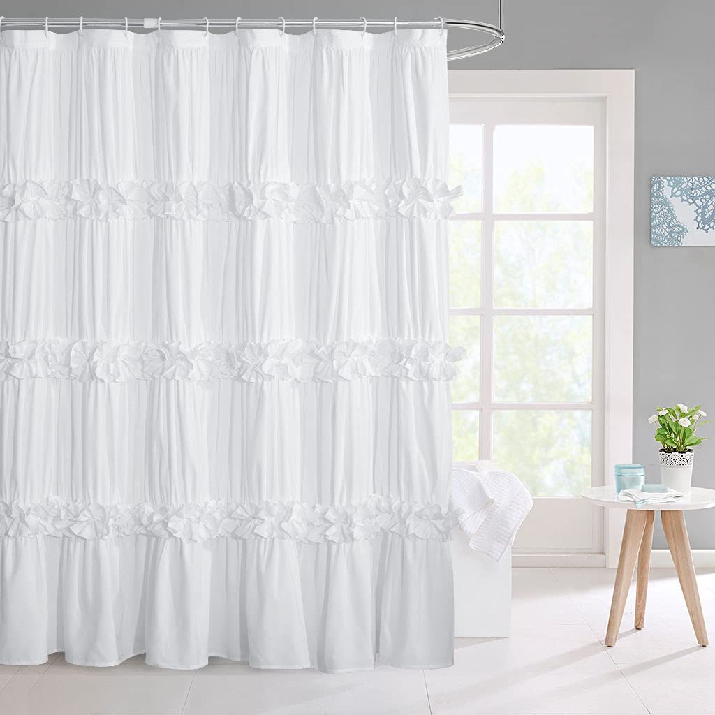 Victorian Bow Tie Ruffle Shower Curtain, with 12 Buttonholes, 72" W x 72" H, White (LQ-10)