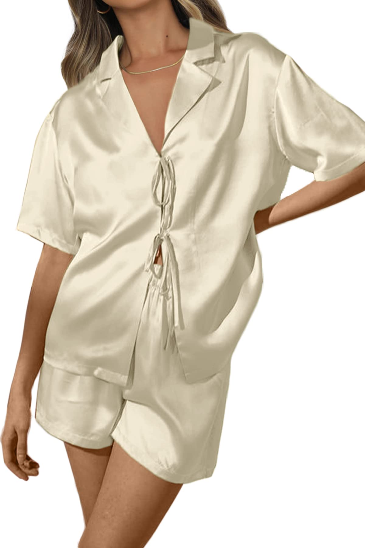 Women's Silk Satin Pajamas Sets Tie Front Short Sleeve Tops and Shorts Two Piece Pj Sets Sleepwear