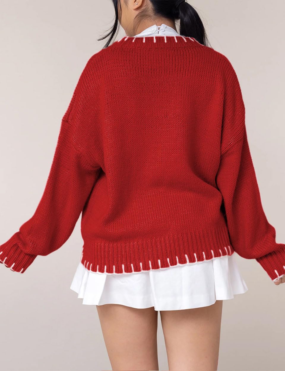 Women Y2K Bow Knit Sweater Crew Neck Long Sleeve Knitted Pullover Oversized Contrast Trim Knitwear