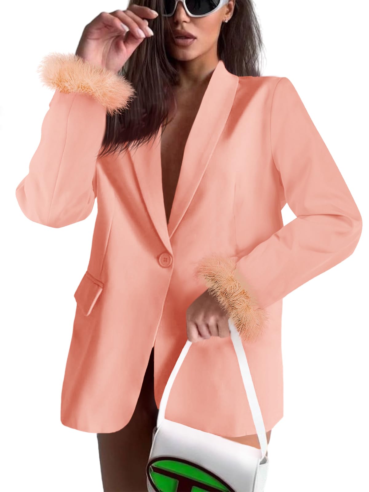 Womens Feather Cuff Oversized Blazer Jacket - Open Front Elegant Long Sleeve