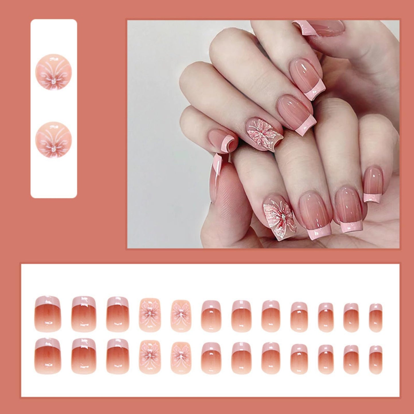 Press On Nails - Pink Butterfly | Pink Series | Beautiful Glossy Pink Nails with Butterfly Design | Short Coffin French Tip Nails, 24 Pcs Reusable Fake Nails