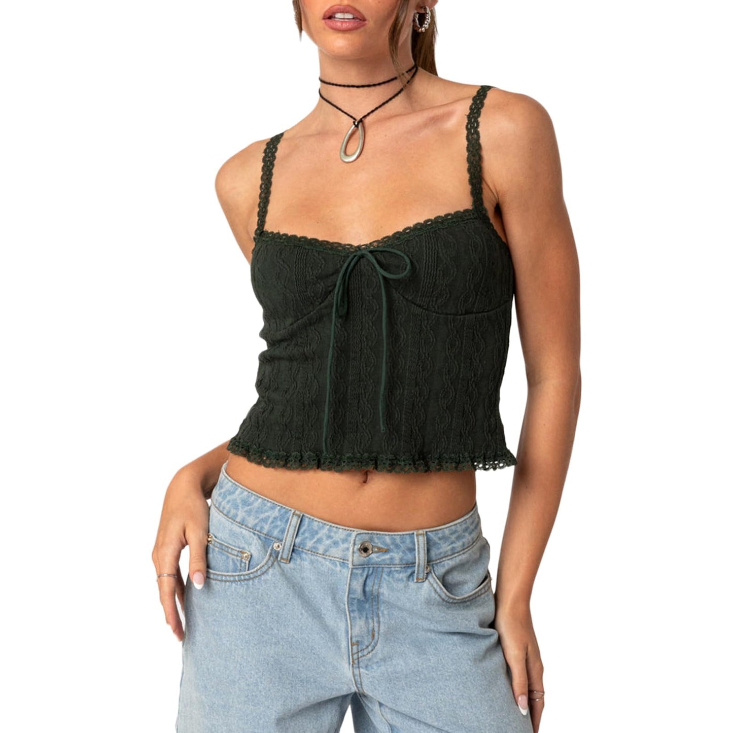 Women Y2k Lace Trim Crop Tank Top Spaghetti Strap