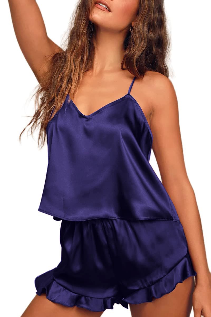 Silk Satin Pajama Set Camisole Top and Shorts with Ruffle Sleepwear