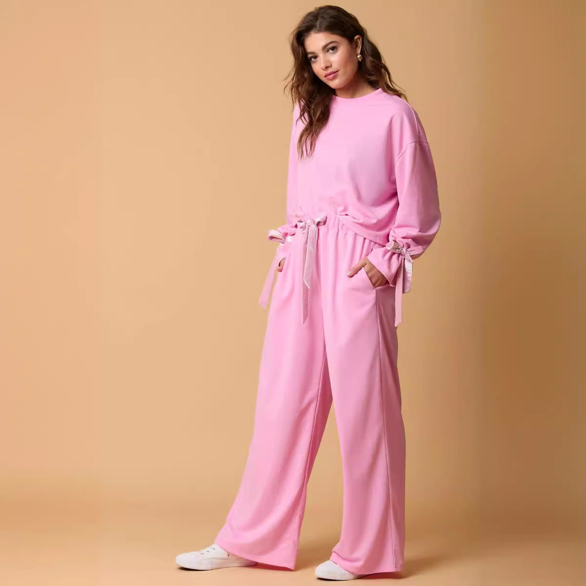 Velvet Bow Decoration Long-sleeved Trousers Two-piece Suit