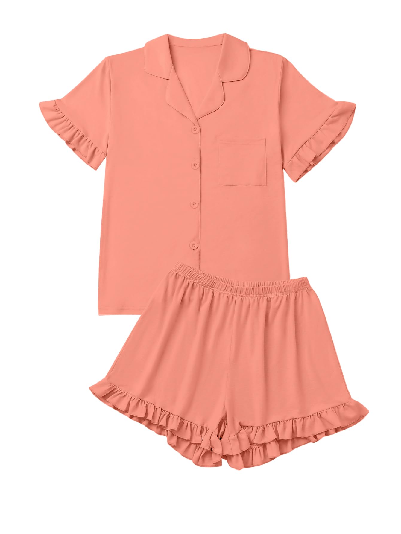 Women's Button Down V Neck Short Sleeve Ruffle Trim Top with Shorts Sleepwear Pajamas Set