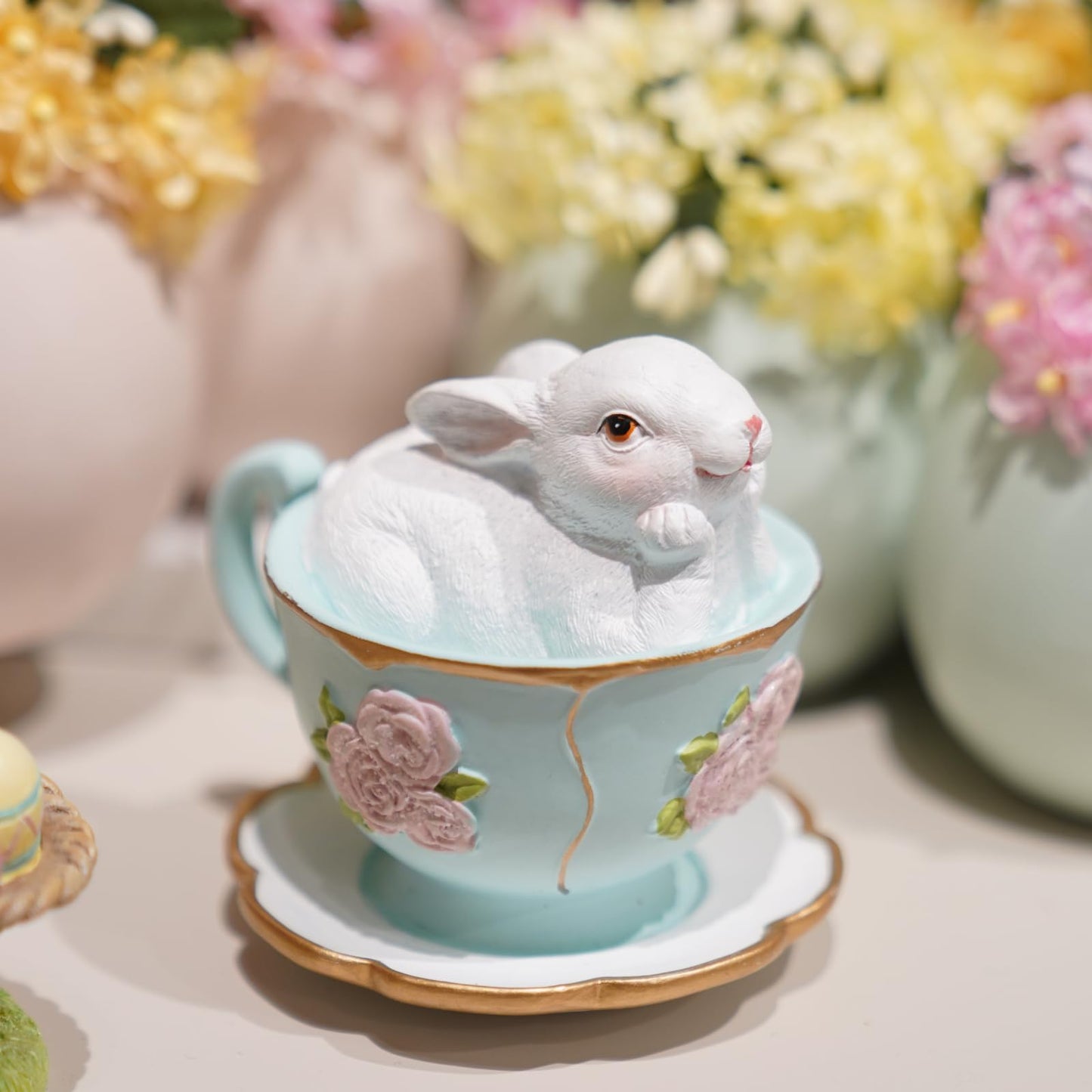 Easter Tabletop Decoration Figurine Centerpiece - Spring Bunny Decor Hand Painted