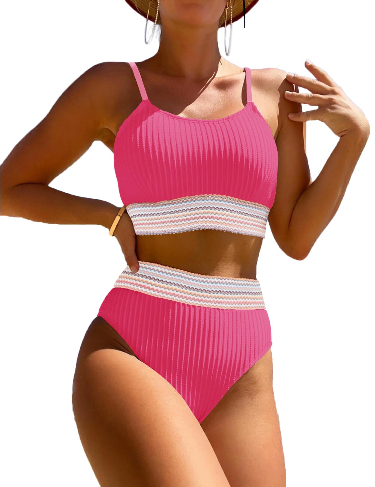 Women's High Waisted Swimsuit Two Piece Ribbed Bikini Sets Crop Top High Cut Cheeky Bathing Suits