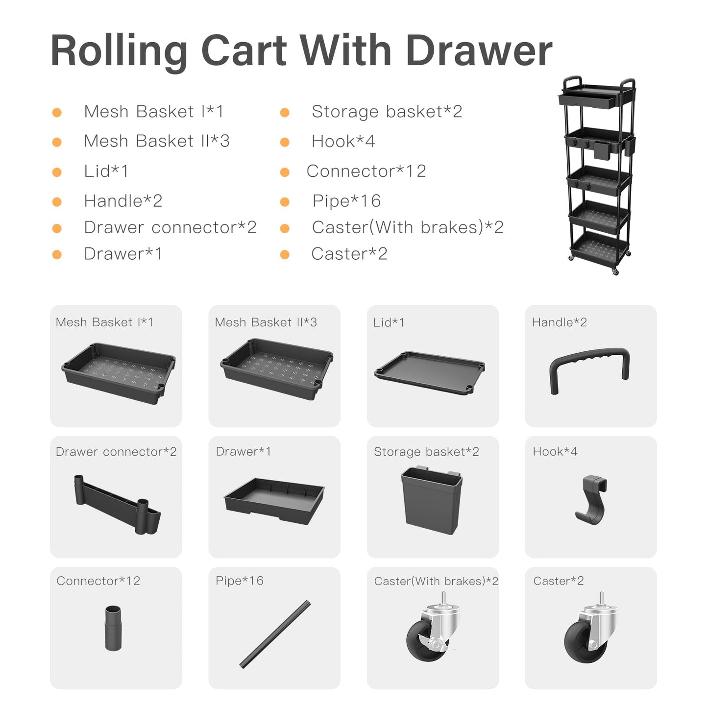 Rolling Utility Cart with Drawer,Storage Cart with Iron Wheels