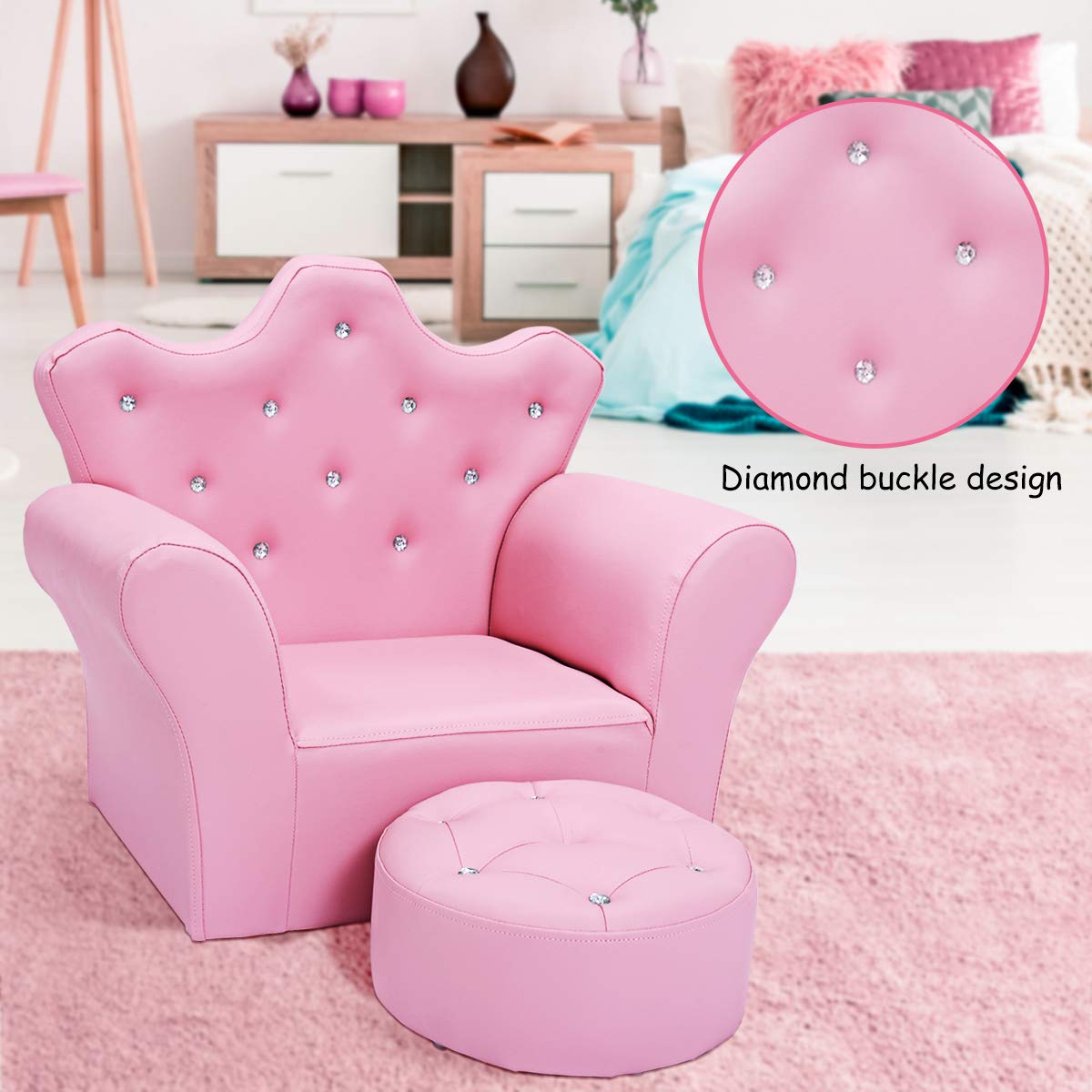 Children Upholstered Sofa with Ottoman, Princess Sofa with Diamond Decoration