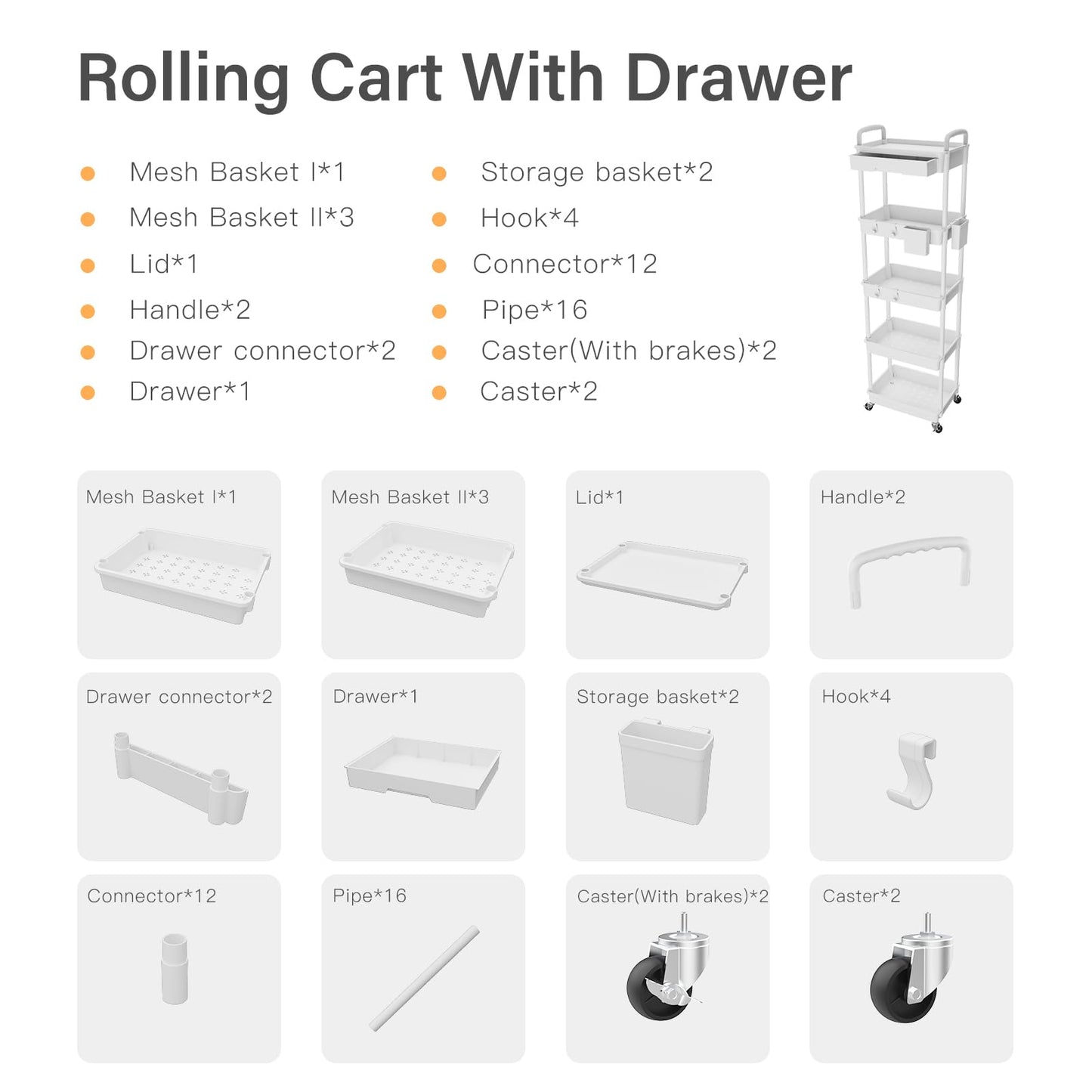 Rolling Utility Cart with Drawer,Storage Cart with Iron Wheels