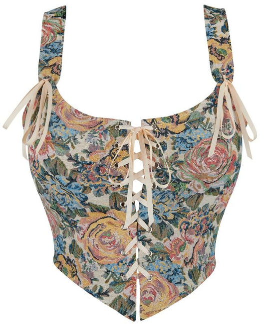 Womens Vintage Floral Print Grommet Lace Up Tie Front Corset Bustier Shapewear Top