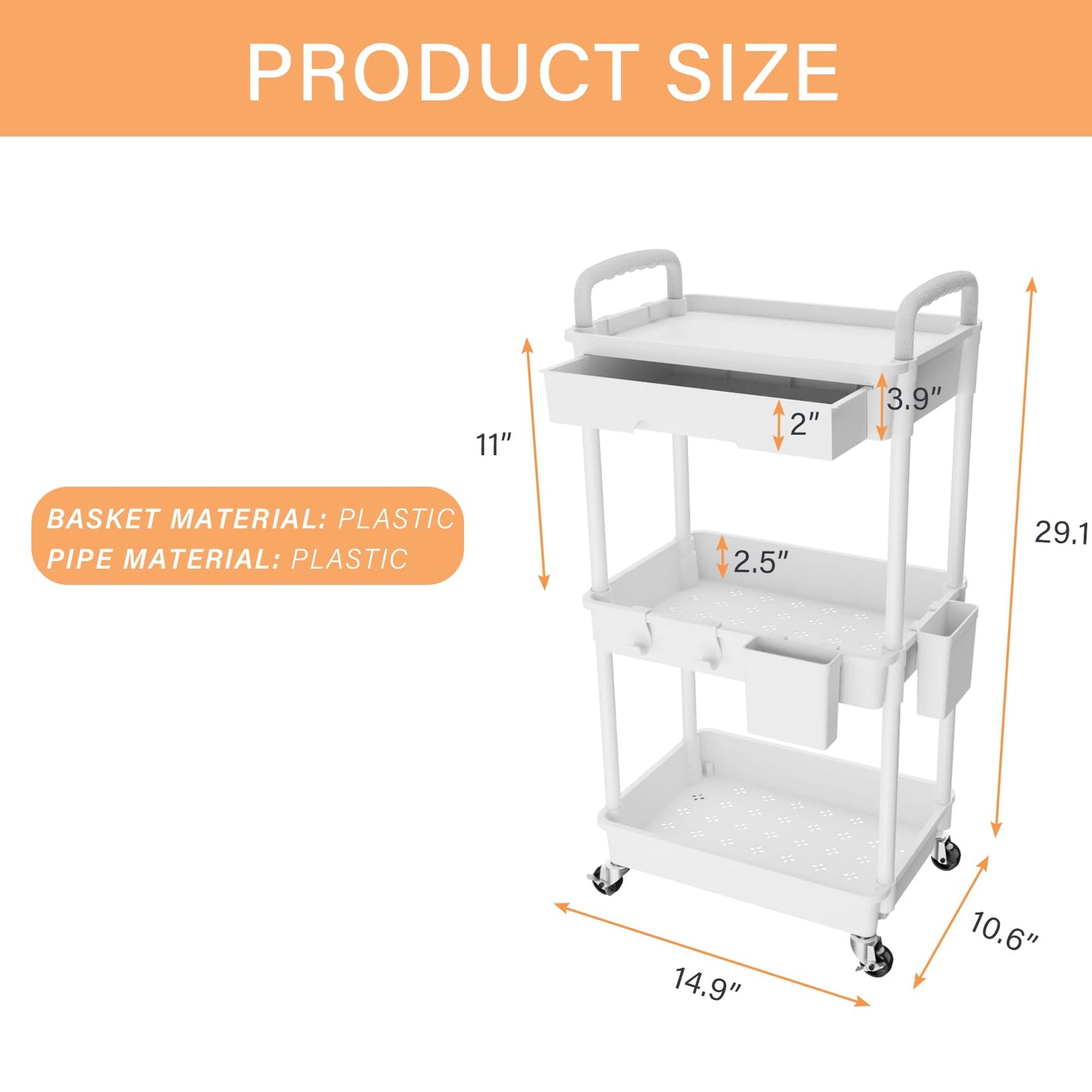 Rolling Utility Cart with Drawer,Storage Cart with Iron Wheels