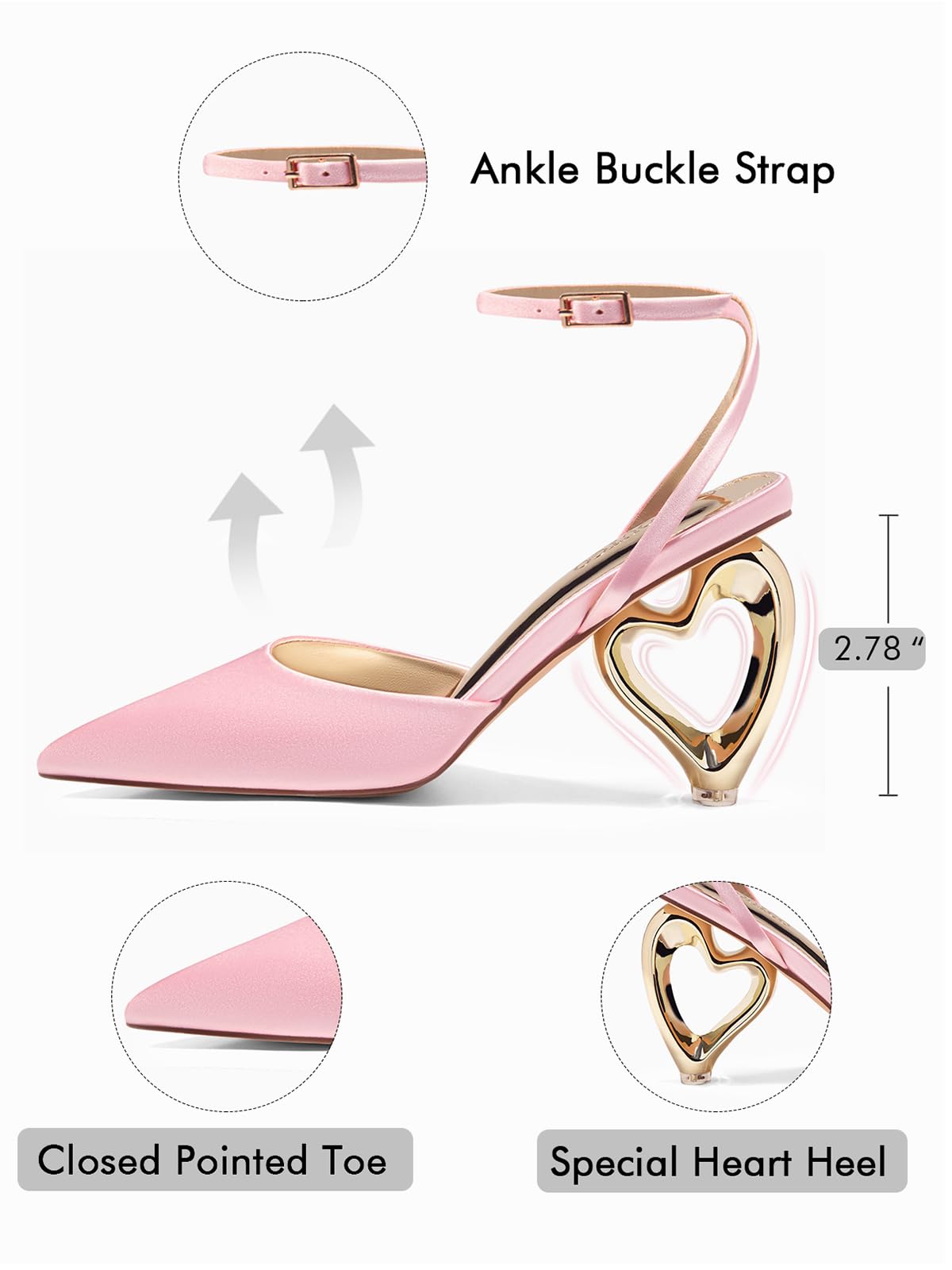 Womens Kitten Heels Closed Pointed Toe Heart Heel Ankle Strap Satin Pumps