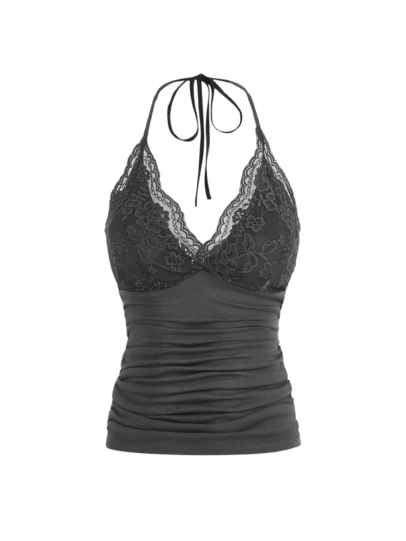 Women's Halter Top Y2K Lace V Neck Ruched Low Cut