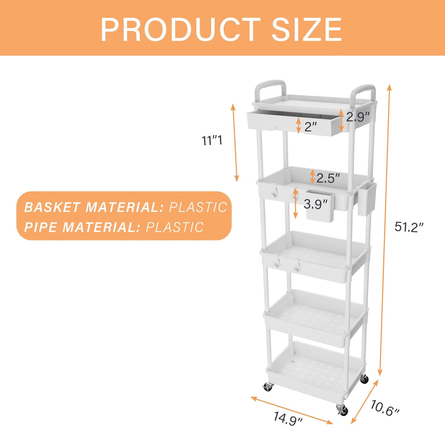 Rolling Utility Cart with Drawer,Storage Cart with Iron Wheels