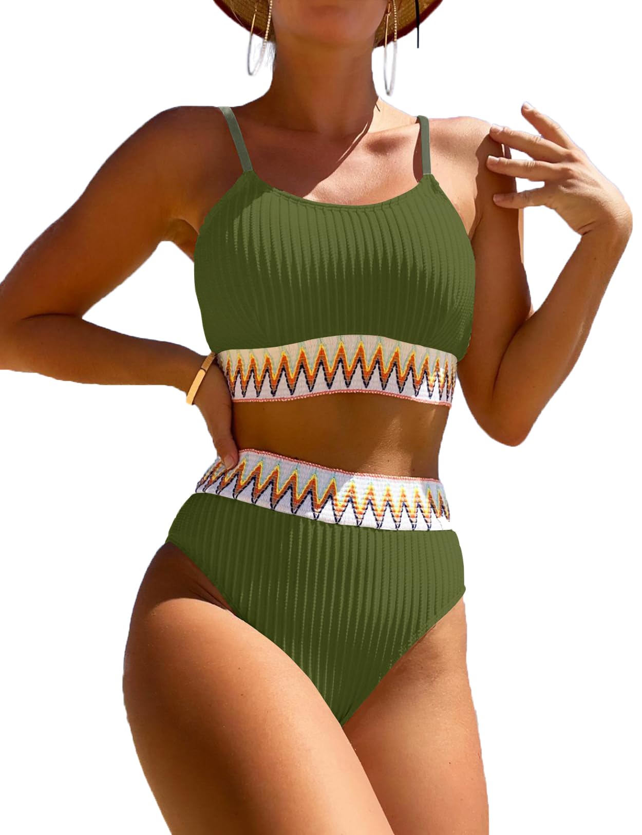 Women's High Waisted Swimsuit Two Piece Ribbed Bikini Sets Crop Top High Cut Cheeky Bathing Suits