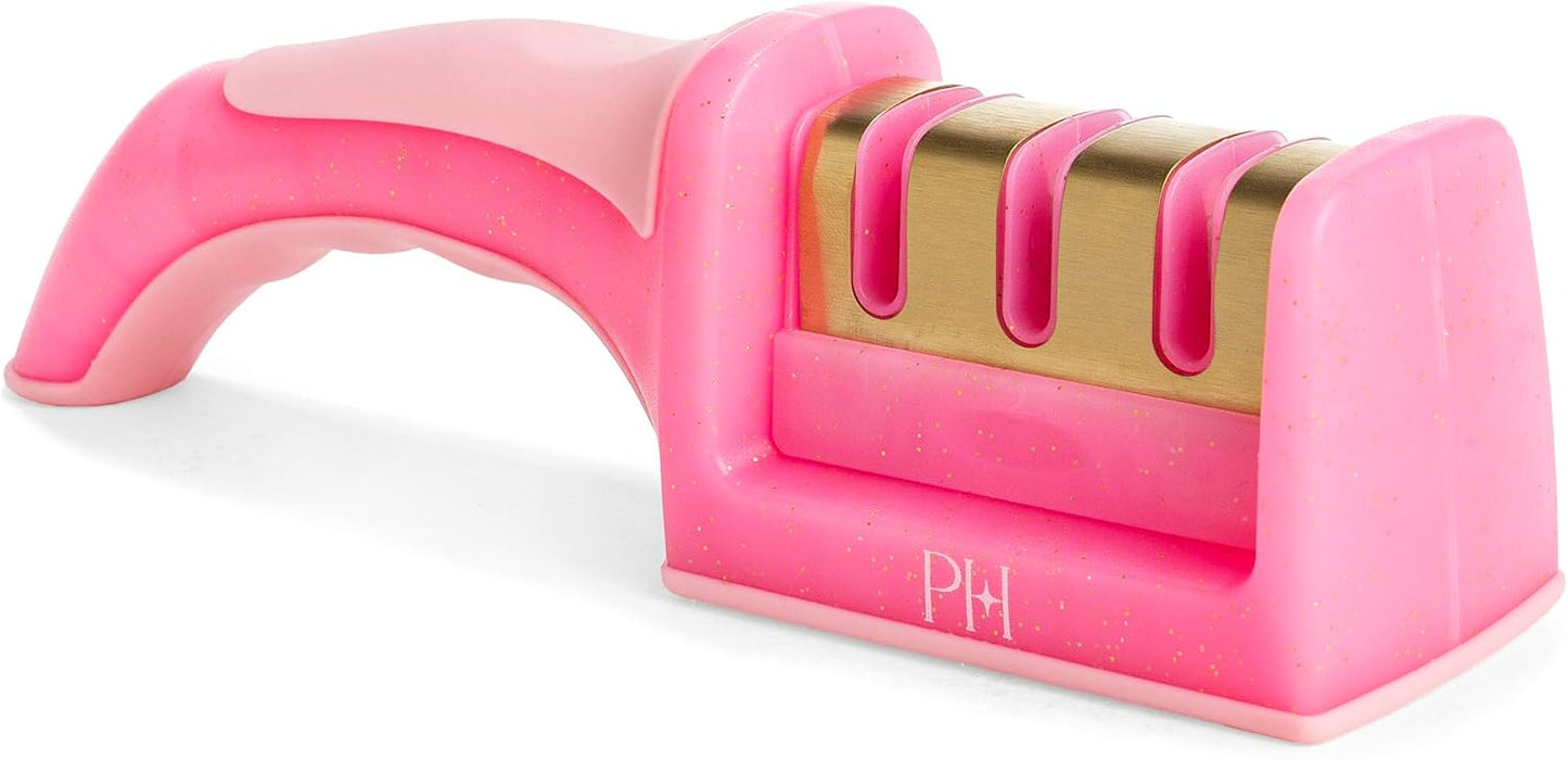 Paris Hilton 3-Stage Knife Sharpener, Professional Kitchen Knife Sharpener with Ergonomic Handle, Non-Slip Base, and Coarse, Medium, Fine Sharpening Stages, Pink