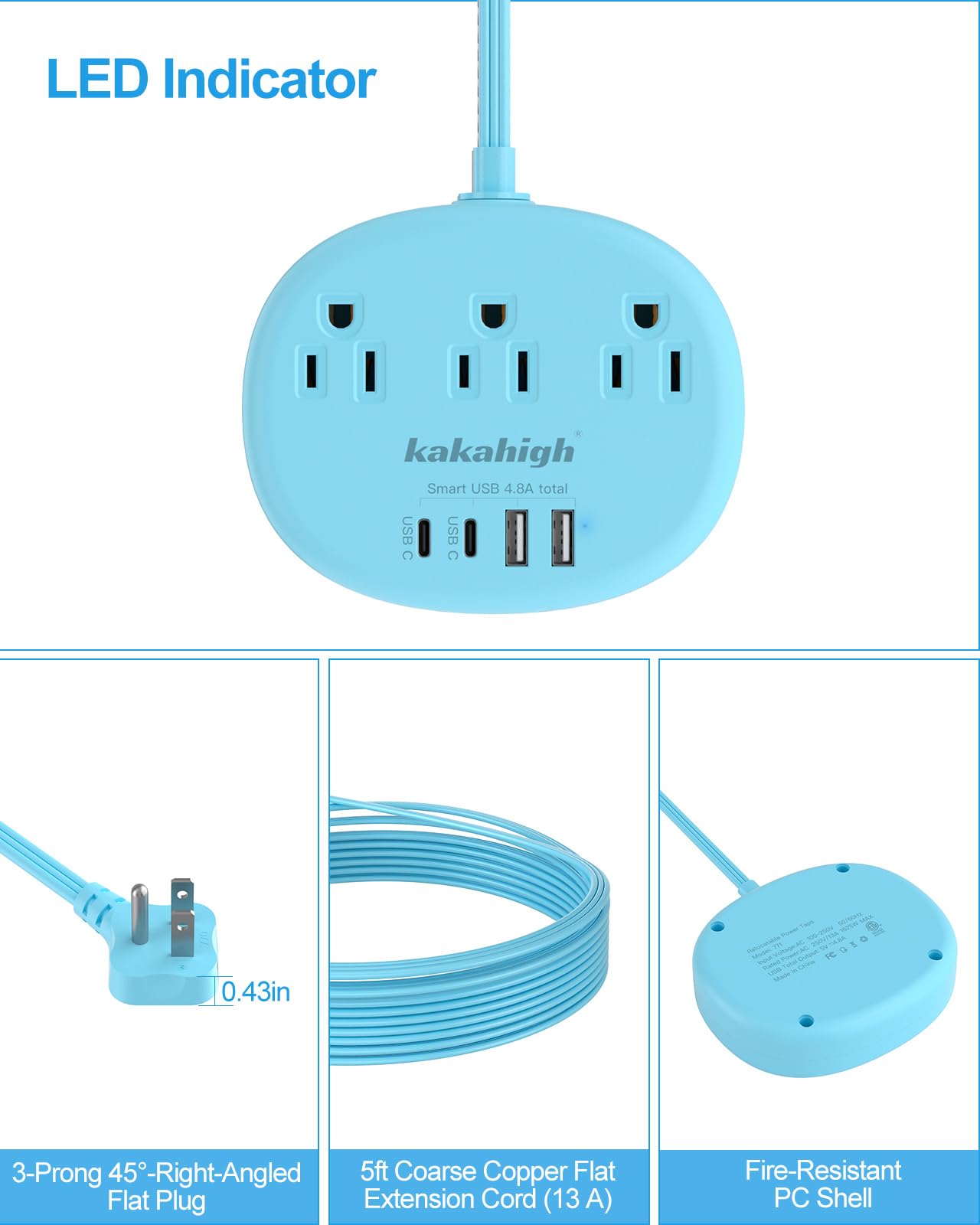 Cute Surge Protector – 5FT Flat Extension Cord, 3 Outlets, 4 USB Ports (24W)