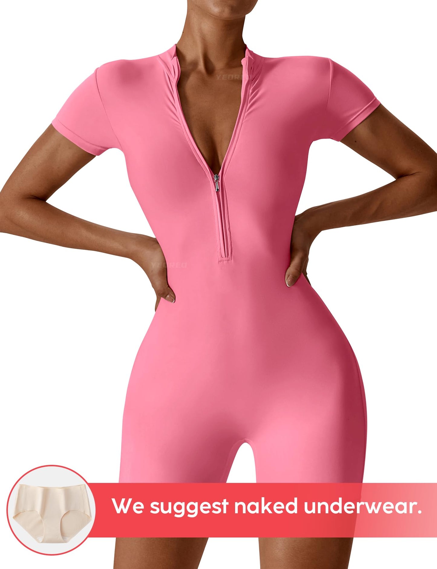 Women Short Sleeve Workout Jumpsuit - Sexy One Piece Zip Up Romper Bottom Shorts Bodysuit Bodycon