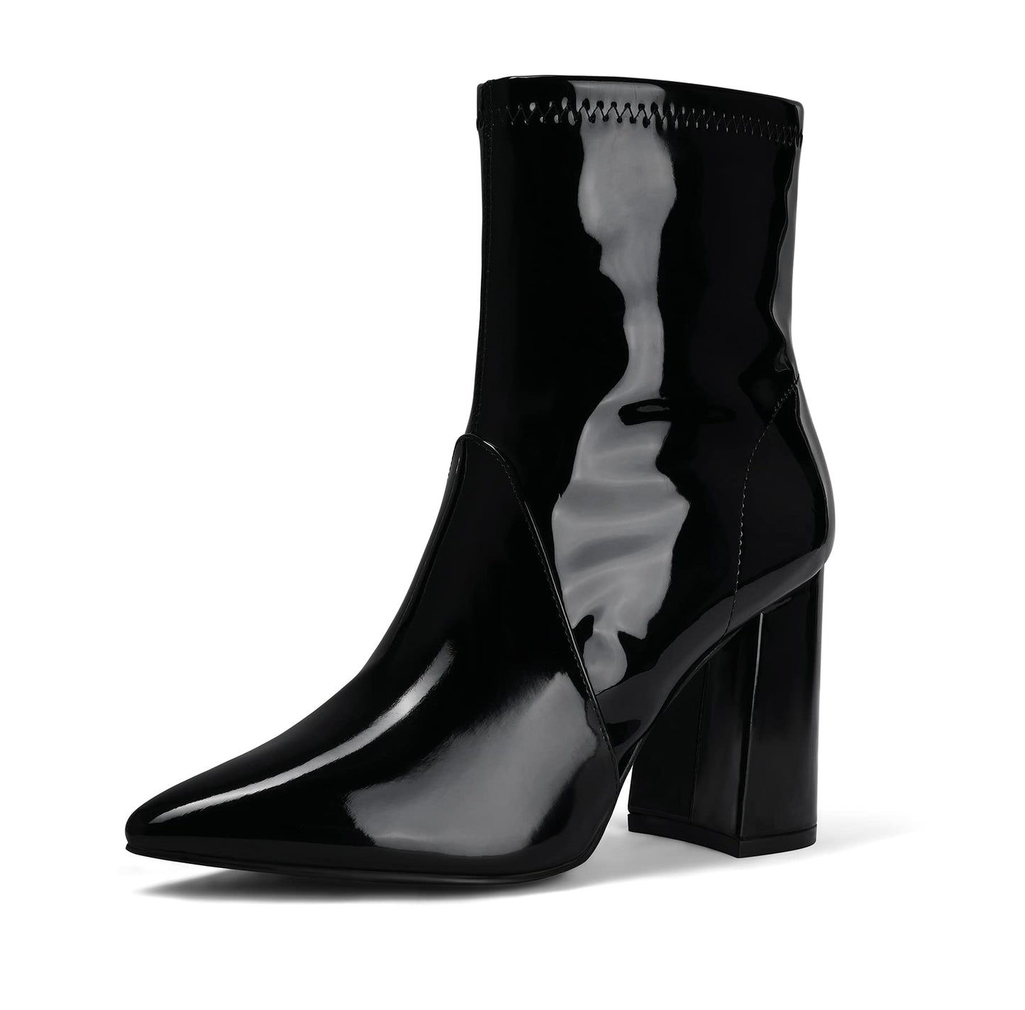 Women's GoGo Boots Mid Calf Block Heel Ankle Boots Pointed Toe Patent Leather Side Zipper Booties