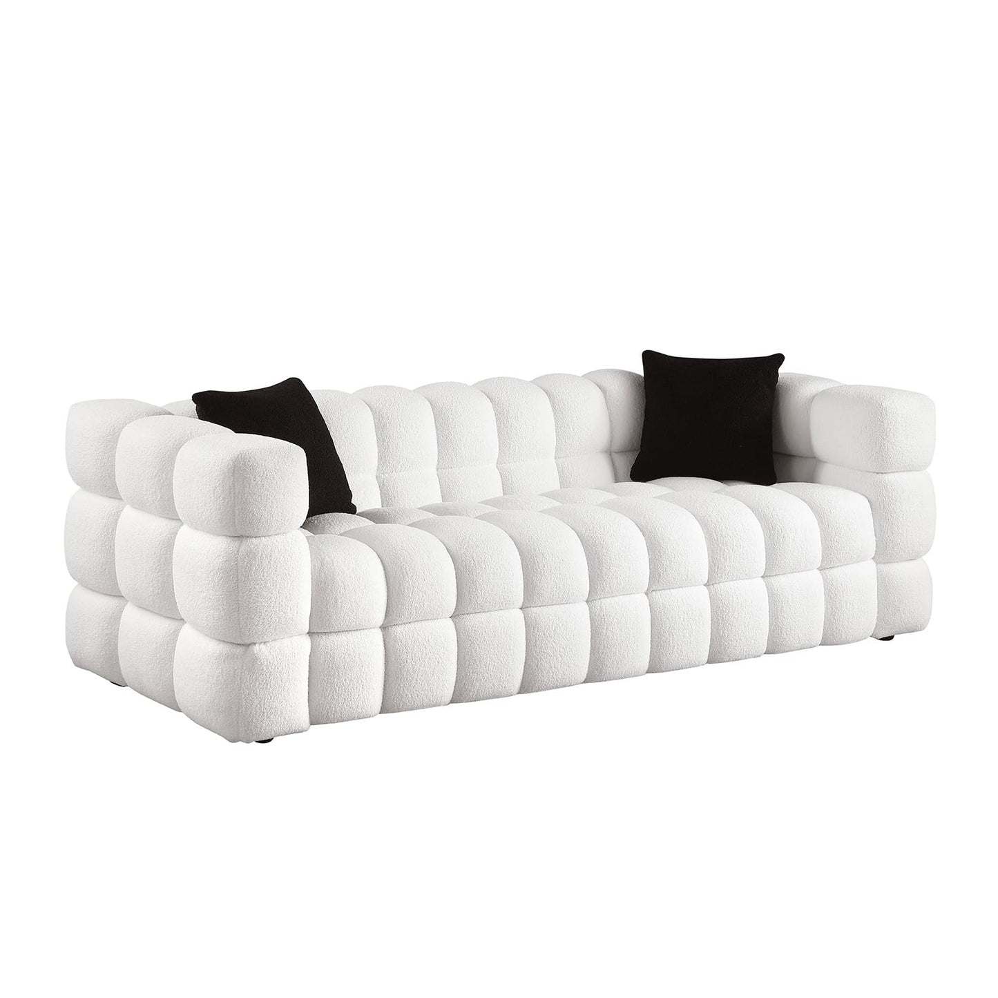 Modern Sofa Couch with Metal Legs Upholstered Tufted 3 Seater Couch with 2 Pillows Decor