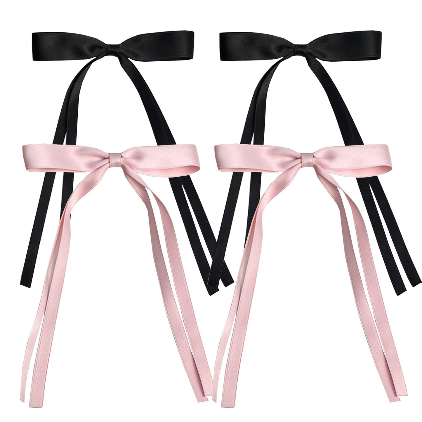 Satin 4-Piece Hair Ribbon Clips for Women and Girls – Pink and Beige Long Tail Bow Hair Accessories