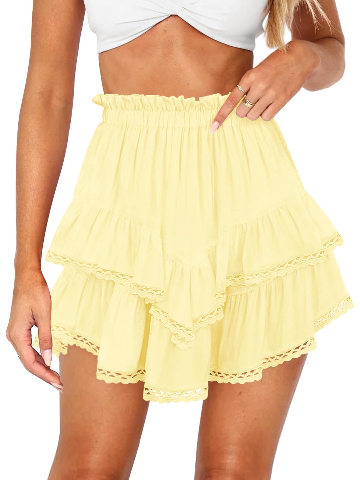 Women's High Waist Ruffle Mini Skirt Lace Trim Flowy Shorts