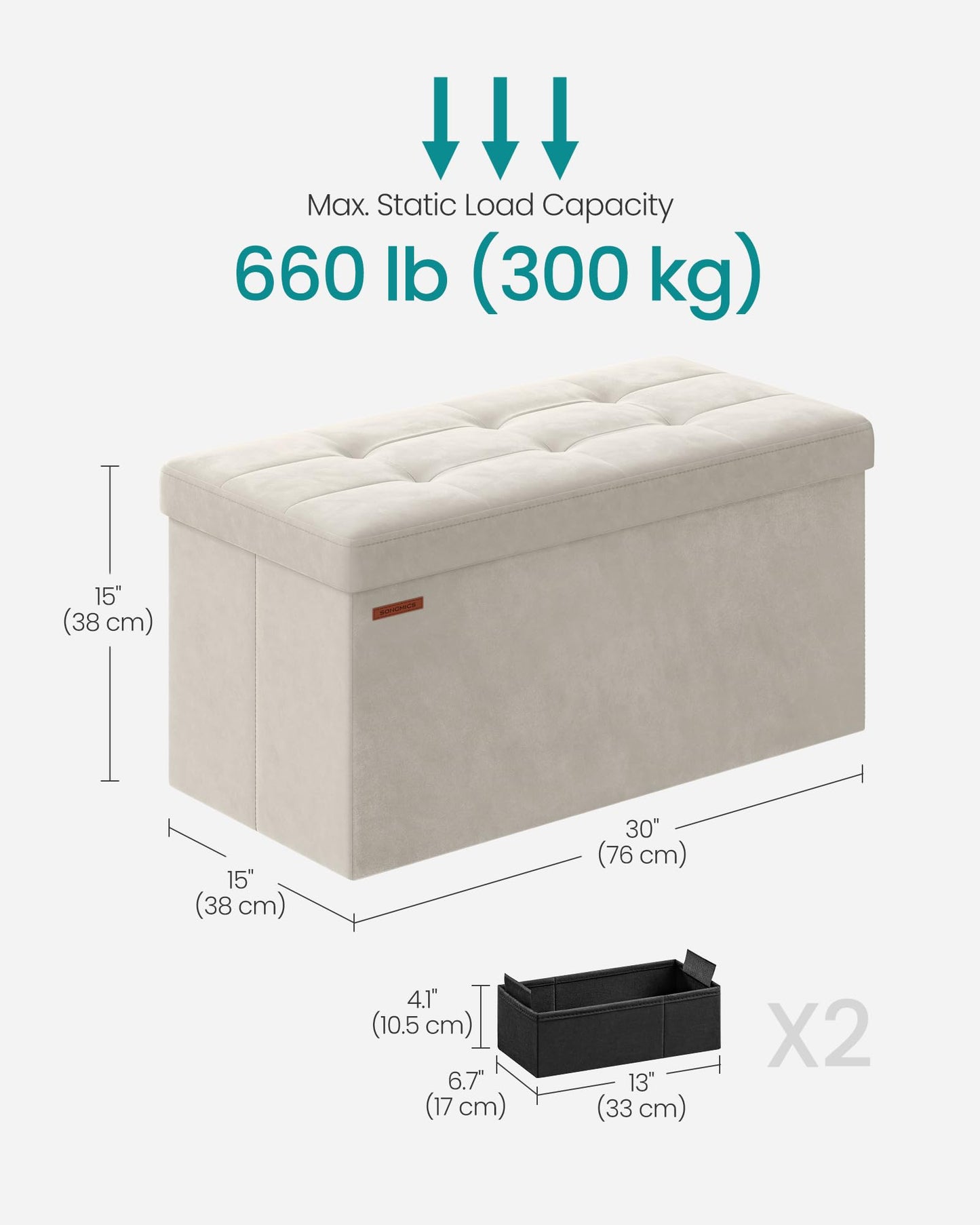 Foldable Storage Ottoman Bench – 15x43x15 Inches, Footrest and Storage Chest, 660 lb Capacity for Living Room, Bedroom, Entryway