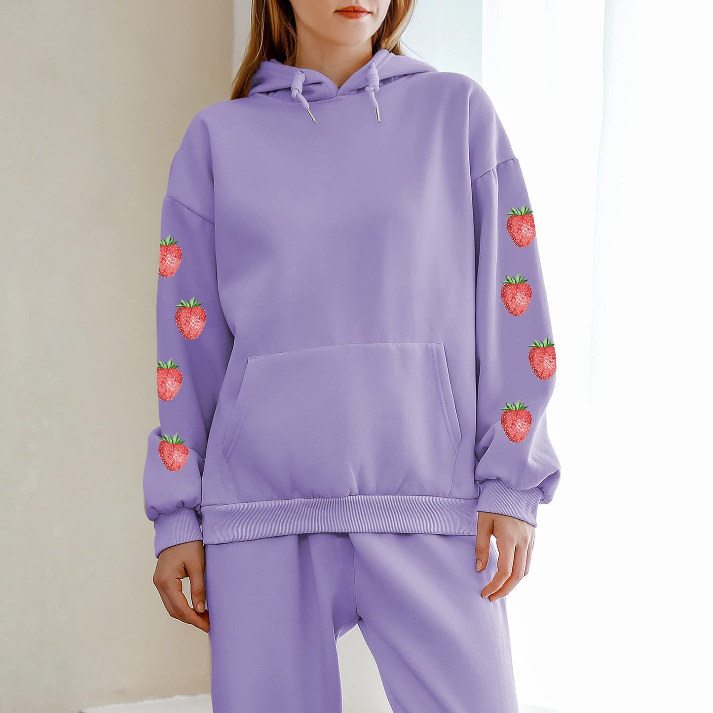 Women's Cute Sweatshirt Strawberry Sleeve Printed Cotton Warm Hoodie with Pocket